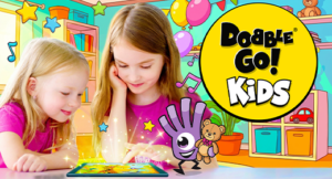 Dobble Go! Kids artwork featuring two girls playing on an ipad with dobble go logo next to it