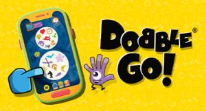 Dobble Go! Game artwork featuring a yellow background, phone screen with Dobble Go! game and Dobble hand mascot.