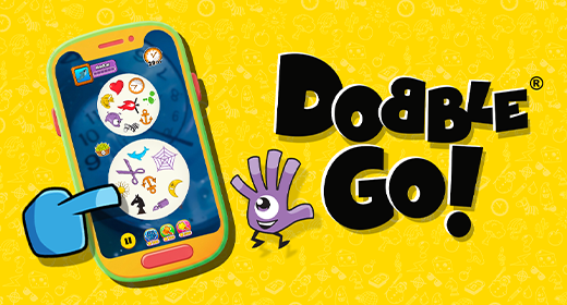 Dobble Go! Game artwork featuring a yellow background, phone screen with Dobble Go! game and Dobble hand mascot.